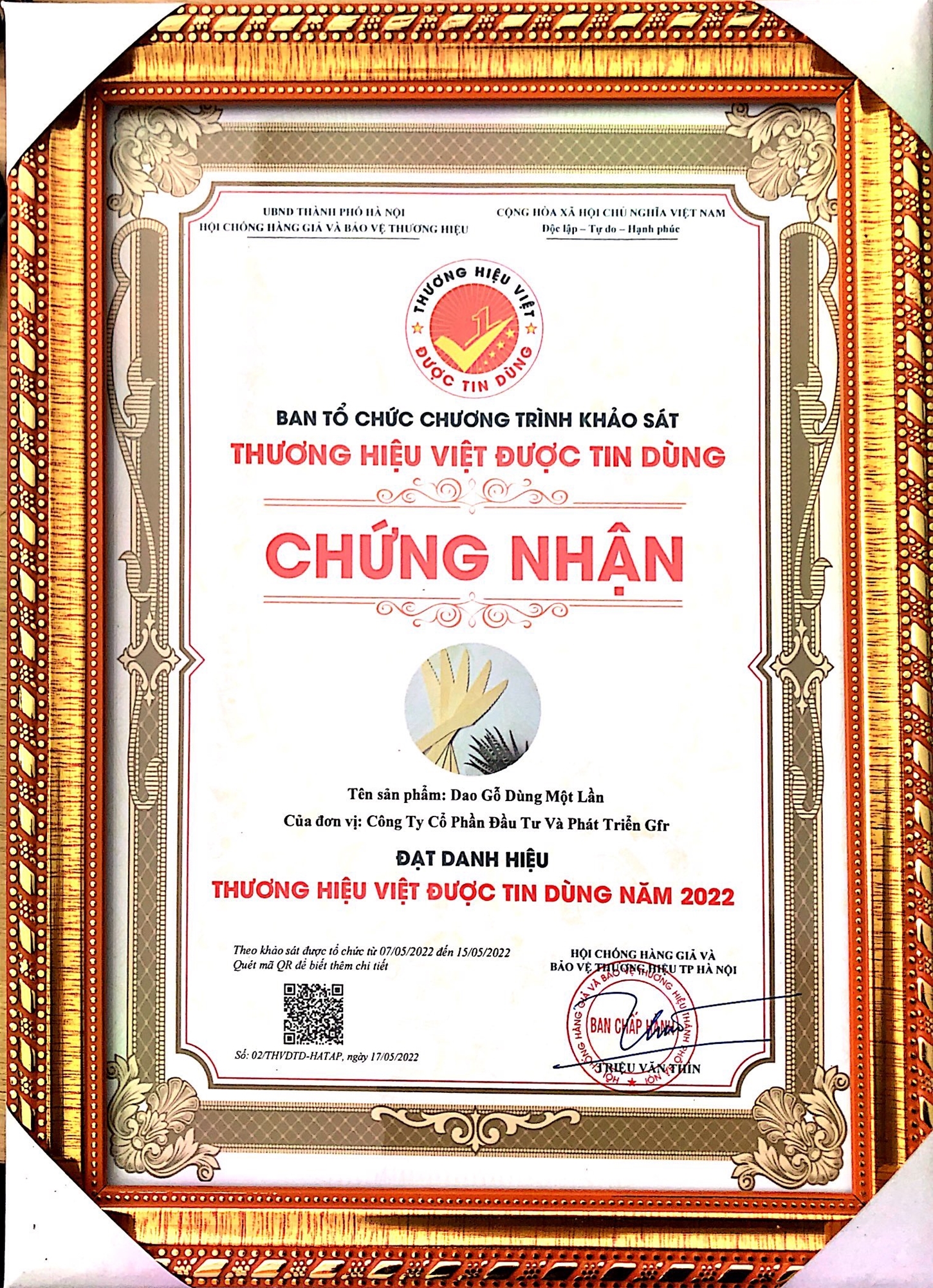 Chứng nhận dao gỗ dùng 1 lần